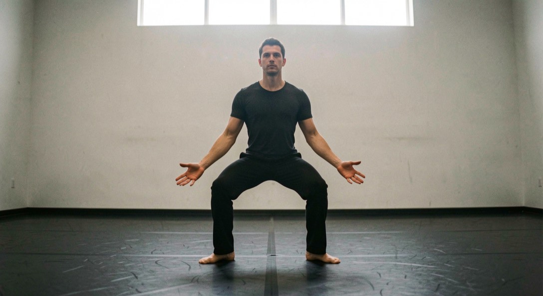 Danseur en position d’attente jambes fléchies et pieds parallèles, mains ouvertes le long du corps, sol noir de studio, lumière crue venant du haut, cadrage vertical en pied