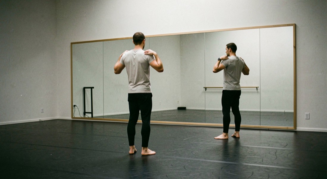 Danseur face à un grand miroir de studio travaillant une isolation d’épaules, son reflet visible, sol de linoléum noir, lumière zénithale, cadrage vertical