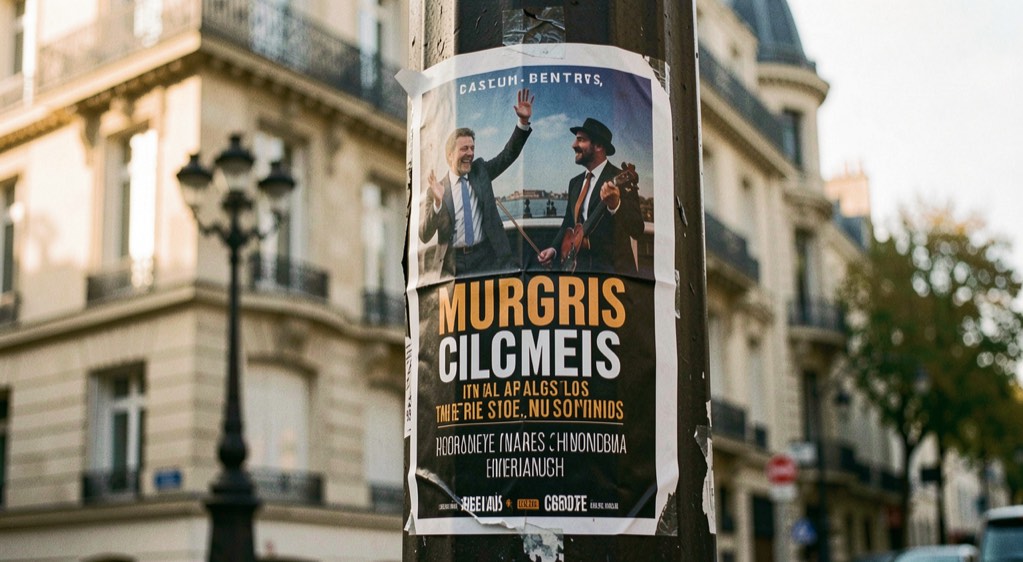 Devant l'entrée vitrée d'un centre culturel municipal en fin d'après-midi, un panneau d'affichage extérieur sous plexiglas où sont punaisés des horaires d'ateliers, cadré de biais à hauteur d'épaule, lumière rasante du couchant sur le verre.