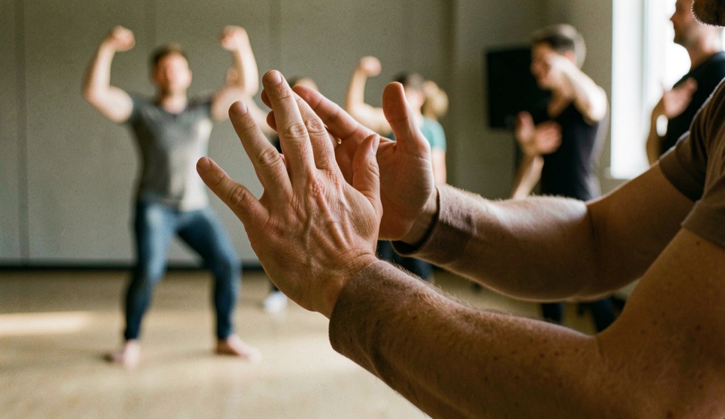 Mains d’un professeur claquant le rythme au bord d’un studio, danseurs flous au second plan, lumière latérale, cadrage vertical serré sur les mains