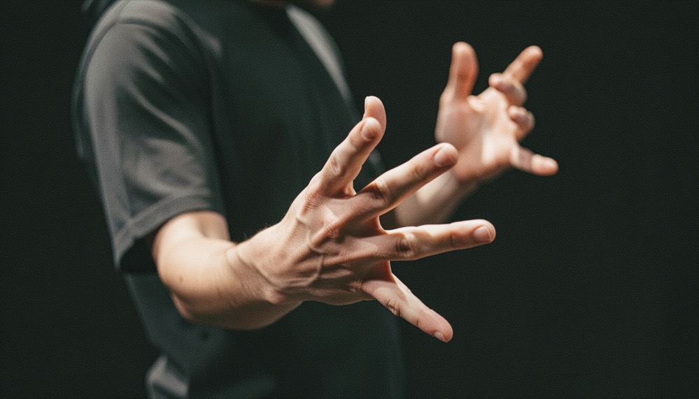 Mains d’un danseur en position de jazz, doigts écartés et tendus, poignets cassés vers l’extérieur, fond sombre de studio, lumière latérale dure, cadrage vertical très serré