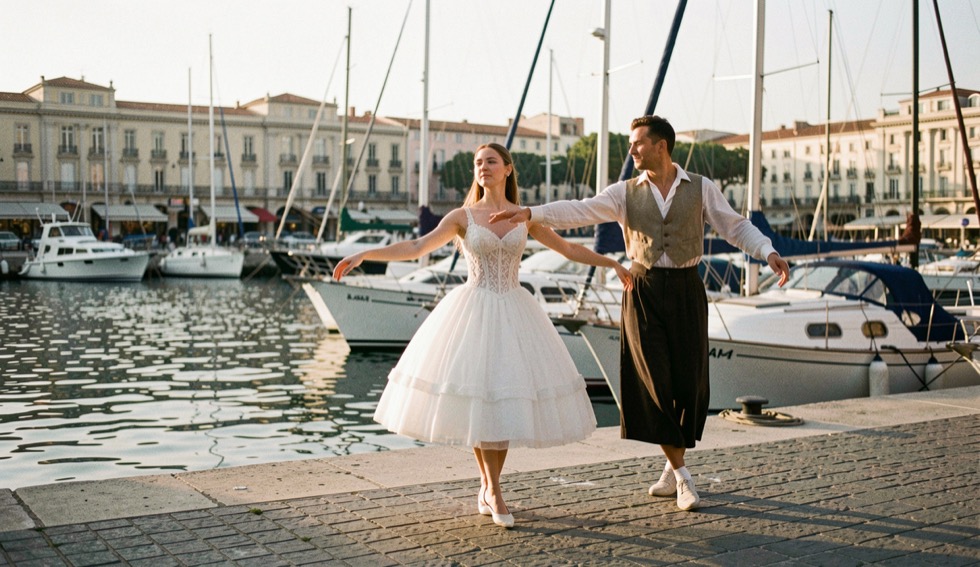 Danseuse en tenue de répétition sur un quai du Vieux-Port de Marseille au petit matin, bateaux amarrés derrière elle, lumière rasante