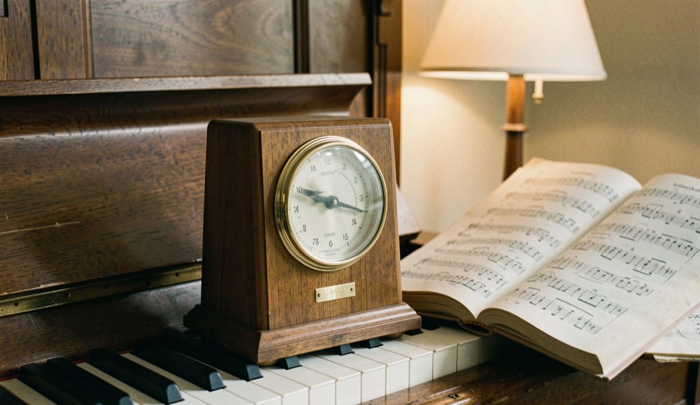 Métronome mécanique en bois posé sur le bord d’un piano droit dans un studio, aiguille en mouvement floue, partition ouverte à côté, lumière chaude de lampe, cadrage vertical serré