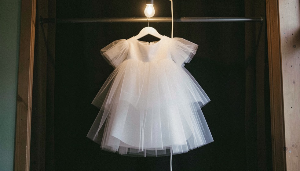 Tutu romantique en tulle blanc suspendu à un portant dans une coulisse sombre, une seule ampoule allumée au-dessus