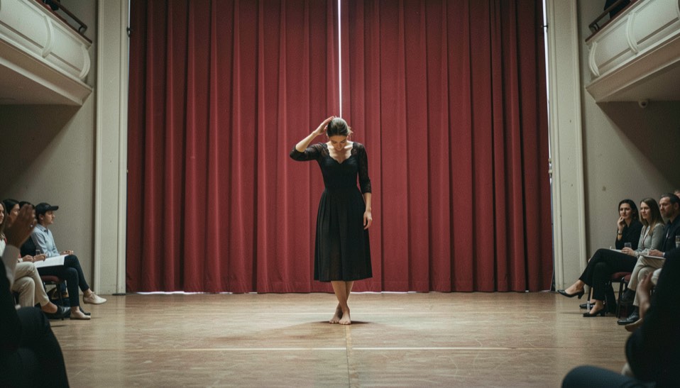 Danseuse seule au centre d’un plateau devant un rideau rouge fermé, saluant tête baissée, une seule poursuite venue de la salle