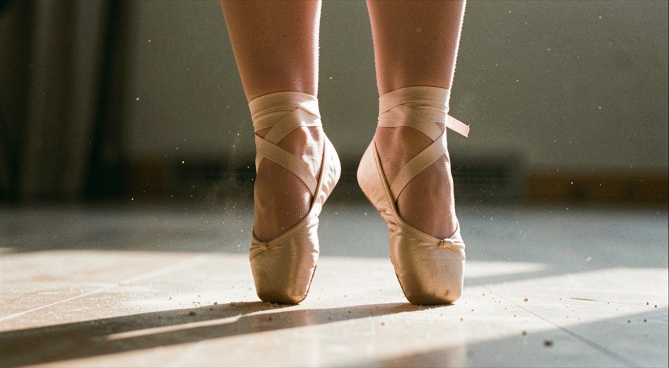 Talons de danseuse maintenus au sol pendant un demi-plié, chevilles en tension, parquet clair et poussière de résine, lumière rasante venue du côté, cadrage vertical très serré