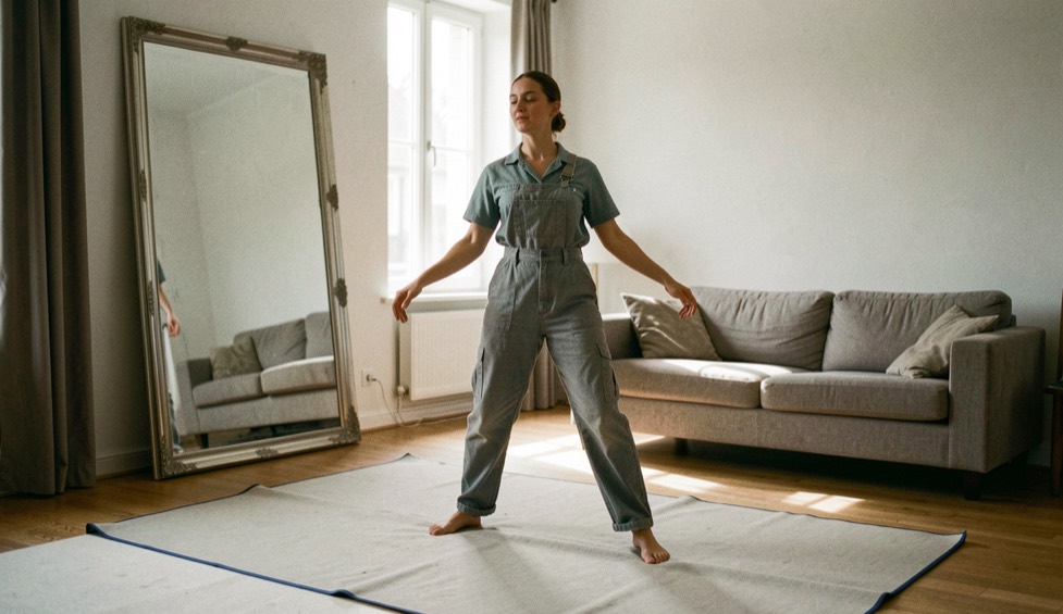 Danseuse en tenue de travail à l’échauffement sur un tapis de danse déroulé au milieu d’un salon, miroir appuyé contre le mur, canapé repoussé, lumière douce de fin de journée, cadrage vertical