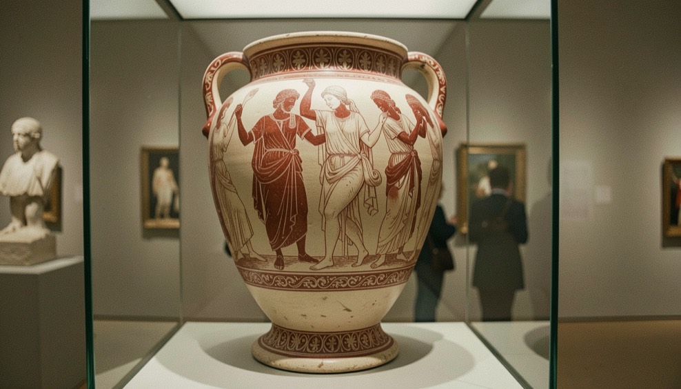 Vase grec antique à figures rouges montrant des danseuses, exposé dans une vitrine de musée, reflet léger sur la vitre, éclairage muséal doux, cadrage vertical serré