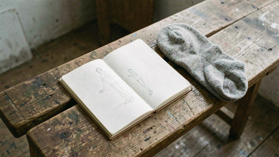 Carnet ouvert posé sur un banc de studio, croquis de pas tracés au crayon, chausson posé à côté, lumière naturelle
